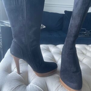 Faux Suede Black Mid-high Boots with wooden 4" heel. Super chic and comfy size 7